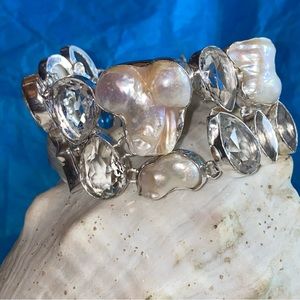 Exquisite Biwa Pearl + White Quartz statement Bracelet